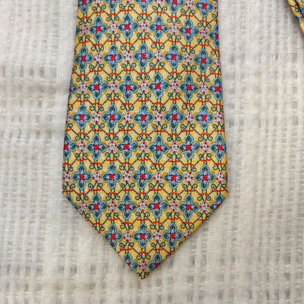Hermes Paris Elegant Multicolor Patterned  Silk Tie Yellow Blue - Picture 2 of 6